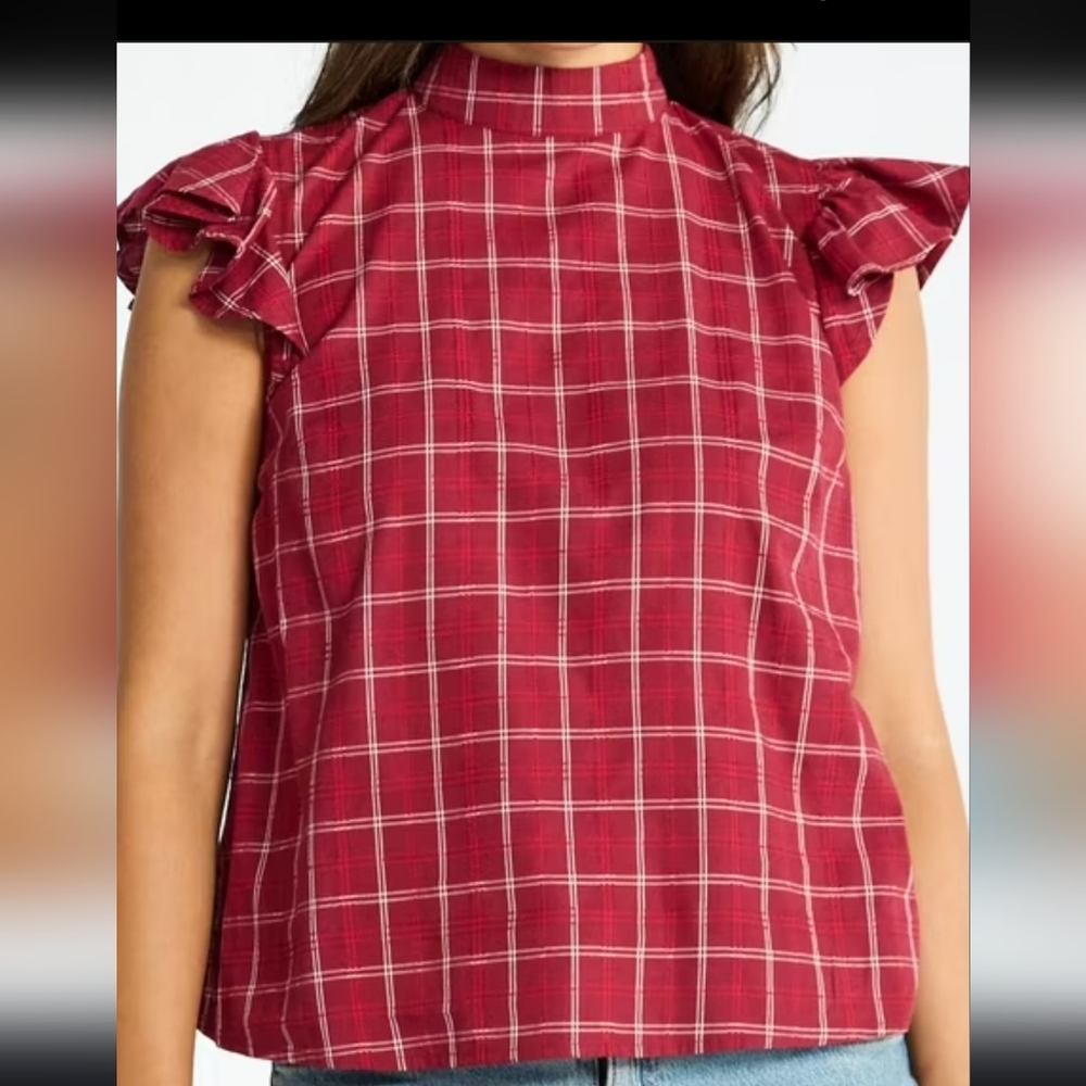 Time And Tru Mock Neck Top Flutter Sleeves Womem's Wine  Size Small